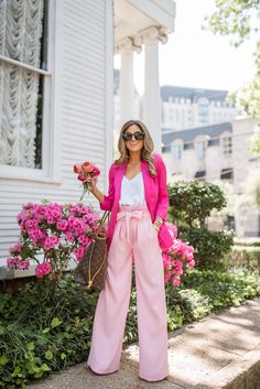 All Pink Workwear - Pardon Muah Palazzo Pant Outfit, Pink Palazzo Pants Outfit, Rose Pink Outfit, Pink Workwear, 1999 Outfits, Light Pink Outfit, Pink Spring Outfits, Pink Blazer Outfit, Pants Inspiration