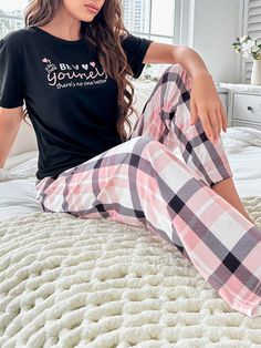 Multicolor Casual-Young Collar   Plaid,Slogan Pant Sets Embellished Slight Stretch All Women Sleep & Lounge Checked Pants, Elastic Waist Leggings, Pajama Outfits, Pant Sets, Cute Pajamas, Retro Women, Plaid Pants, Pajama Set Women, Pajama Sets