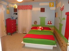 a room with a bed, dresser and other items in it