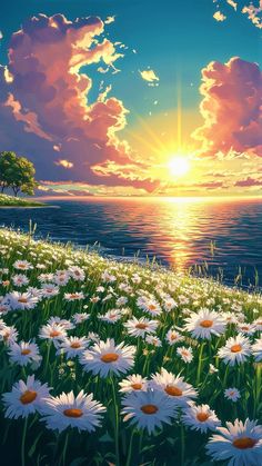 the sun shines brightly in the sky over water with daisies on the shore