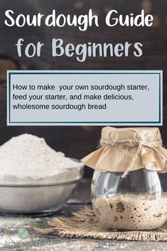 a bowl of flour next to a glass jar filled with white powder on top of a table