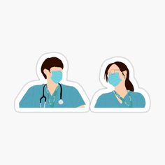 two doctors wearing face masks and scrubs on their faces stickers are in front of a white background