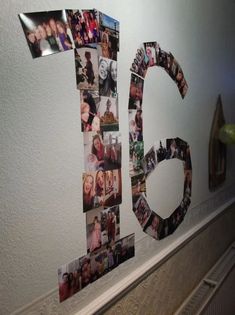 the number fifteen is made up of photos and magnets on the wall behind it