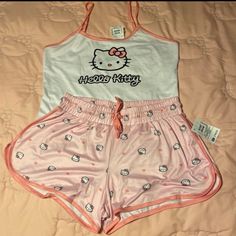 Hello Kitty Pink And White Shorts And Tee Pajama Set Nwt Size Medium Smoke And Pet Free Home Shipped With Care Hello Kitty Womens Clothes, Bimbocore Pajamas, Bra Sets For Women, Cute Pjs Shorts, Trashy Y2k Pajamas, Cute Stuff For Christmas List, Cat Pjs, Y2k Pajamas