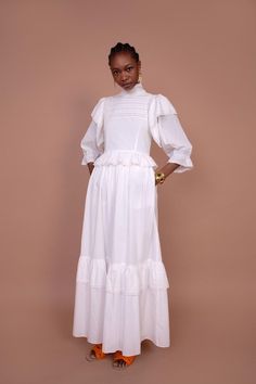 Mormon Dress, Pleated Neck, Frill Skirt, Ankle Length Dress, African Dresses For Women, Button Up Dress, Midi Length Dress, African Dress, Elegant Outfit