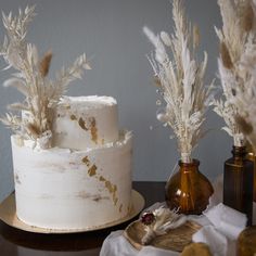 there is a white cake with feathers on it