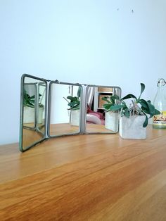 three mirrors sitting on top of a wooden table next to plants and other things in vases