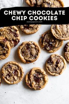 chewy chocolate chip cookies are arranged on a white surface with the title above it