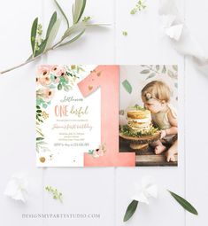 an image of a baby's first birthday with flowers and greenery on it