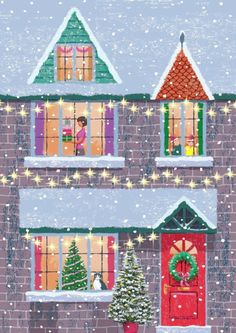 a painting of a house with christmas decorations on the windows and snow falling all around