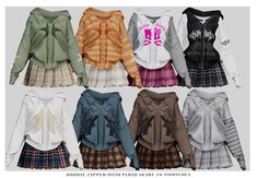 several different colored hoodies and skirts are shown in this image with the same color