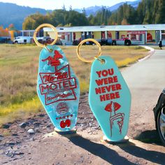 two surfboards are sitting on the ground in front of a motel and parking lot