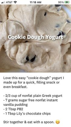 the recipe for cookie dough yogurt is shown in this screenshot from an iphone