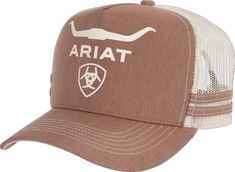 the ariat trucker hat is brown and white