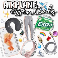 an advertisement for the air plane essentials event with headphones, ear phones and other items