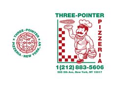 the logo for three - pointer pizza in new york is shown next to an image of a chef