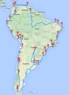 a map with red dots on it showing the location of many different places in south america