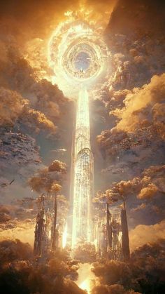 an image of a futuristic city in the sky with clouds and light coming from it