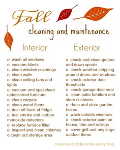 a fall cleaning and maintenance checklist with autumn leaves on the top, below it