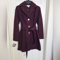 New With Tags Michael Kors Wine Colored Wool Coat With Gold Accents Sash Tie At Waist Detachable Hood 2023 Color, Wine Colored, Detachable Hood, Wool Coat, Gold Accents, Red Gold, Sweden, Michael Kors, Jackets & Coats