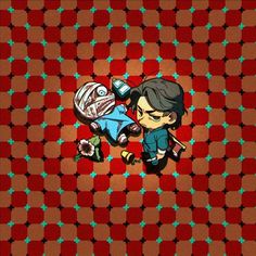 an image of two cartoon characters on a red and black checkerboard pattern background