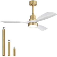 a ceiling fan with three white blades and two gold poles next to it is measurements