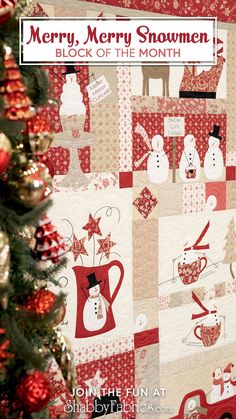 a red and white quilted christmas tree with snowmen on it, surrounded by ornaments