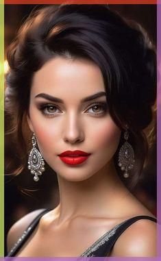 an image of a woman with red lipstick and earrings on her face, in front of a colorful background