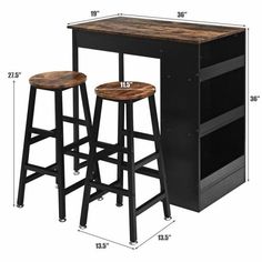 two stools and a table are shown with measurements