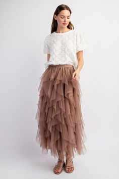 Indulge in the irresistible charm of our Tulle Temptation Skirt in Mocha. This playful skirt features layers of soft tulle for a flirty, feminine look. Close-fitting with a touch of stretch, it's perfect for a night out or a day of twirling. SK9051-E Soft Tulle, Feminine Look, Go Out, Out Of Style, Mocha, Night Out, Skirt