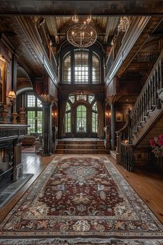 an ornately decorated entryway with stairs and chandelier in the center is flanked by wooden paneling