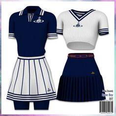 two uniforms with short sleeves and pleated skirts, one in white and the other in blue