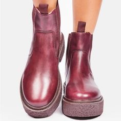 Free People Oxblood Carmel Leather Chelsea Boots Feature A Genuine Leather Construction, Leather Is Slightly Aged And Distressed, Elastic Side Panels For A Slip On Fit, Pull Tabs On The Front And Back, And Platform Soles. Size: 39 Dark Red Or Burgundy (Oxblood) Fully Lined And Cushioned Footbed Gummy-Textured Outsole 2" Platform Heel Jeffrey Campbell, Michael Kors, Rag&Bone, All Saints, Allsaints Burgundy Leather Platform Boots, Red Leather Boots With Lug Sole, Burgundy Leather Boots With Flat Heel, Stacked Heel Ankle Boots, Oxford Booties, Free People Boots, Red Leather Boots, Stacked Heel Boots, Wrap Boots