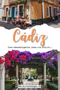 an advertisement for the hotel cadus in germany with flowers and people sitting at tables