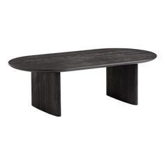 an oval table with black wood legs and a curved design on the top, against a white background