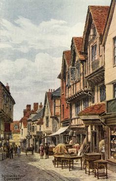 an old painting of people walking down the street in front of some buildings and shops