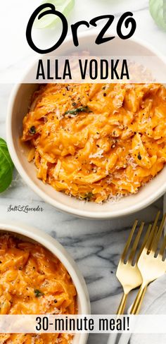 two bowls of orzo with two forks and text overlay that reads orzo alla vodka - 30 minute meal! Orzo Red Sauce, Vodka Recipes Food, Vodka Sauce Risotto, Vodka Sauce Orzo, One Pot Vodka Sauce Orzo, Spicy Vodka Orzo, Orzo Sauce Recipes, One Pot Vodka Pasta, Orzo Alla Vodka