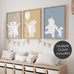 three framed children's wall art prints on the wall in a child's room