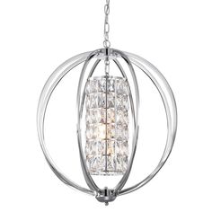 a chrome finish chandelier with clear crystal balls hanging from the ceiling, on an isolated white background