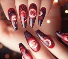 Long Red and Black Ballet Press-On Nails with Moon Phases Get ready these stunning red and black ballet-style press-on nails, featuring mystical moon phases! these nails are a great accessory for Halloween, Wicca moon festivals, or even a fun night out. With their unique design, these nails will surely stand out and add a touch of enchantment to any occasion. Product Details: Style: Long, Ballet Shape Design: Red and Black with Moon Phases Perfect for: Halloween, Wicca moon festivals, parties, and more! Sizes: Multiple sizes available to ensure a perfect fit for everyone. Each set comes with: Press-on nail glue (due to shipping restrictions) A mini nail file A convenient plastic storage case For a longer-lasting hold, liquid glue can also be used (not included), and it won't affect the qua Solar Eclipse Nail Art, Red Witchy Nails, Witch Nails, Witchy Nails, Long Press On Nails, Moon Nails, Red Nail, Nail Forms, Nail Designs Spring