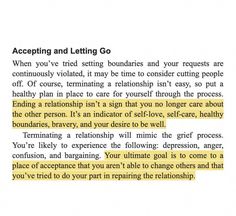 a piece of paper that has some type of text on it with the words accepting and letting go