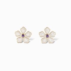 Embrace a touch of femininity with our dainty Maggie Stud earrings. Designed in a charming floral shape with a soft, pearlescent finish and a pop of color at the center, these earrings add a subtle yet elegant accent to any look. Perfect for all-day wear, they bring a light and graceful vibe, making them a versatile choice for casual and sophisticated styles alike. Let the Maggie studs add a delicate, floral touch to your collection. Details Lightweight stud earrings Made of genuine amethyst sto Gemstone Flower Earrings, Amethyst Studs, Stud Earrings For Women, Flower Studs, Amethyst Stone, Sophisticated Style, Lab Grown, Beautiful Jewelry, Women's Earrings