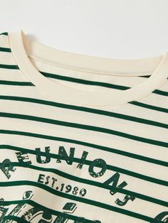 Details: Crisp green and white striped long sleeve t-shirt Loose oversize version Old letter print on the chest Side split Materials & Care: Cotton 100% Hand wash | Dry clean Do not bleach Size & Fit: Model is 5'7", Bust 32, Waist 24, Hips 35, wearing a size S Item #: EN1TE21 Casual Striped Tops With Letter Print, Spring Striped Letter Print T-shirt, Spring Striped T-shirt With Letter Print, Striped Crew Neck Top With Logo Print, Cotton Striped Tops With Letter Print, Old Letters, Sale Promotion, Chic Me, Side Split