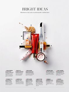 an advertisement for the new beauty brand, bright ideas with various products and ingredients arranged on it