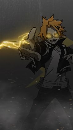 an animated character with yellow eyes and black hair holding a lightening bolt in his hand