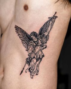 Arch Angel Micheal Tattoo, Angel Rib Tattoo Men, Greek God Angel Tattoo, Angel Greek Tattoo, Michael The Angel Tattoo, Arc Angle Michael Tattoo, Angel Michael Tattoo Design, Raphael Angel Tattoo, Arch Angel Michael Tattoo Design