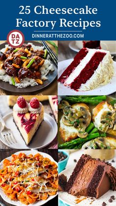 the 25 cheesecake factory recipes are featured in this collage with text overlay