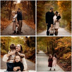 a family is posing for pictures in the fall, and then they are holding their children