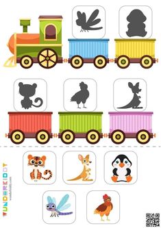 a train with animals and other things on it's side, cut out into the shape