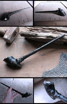 the process of making a piece of wood with metal wire and nails, including an old hammer